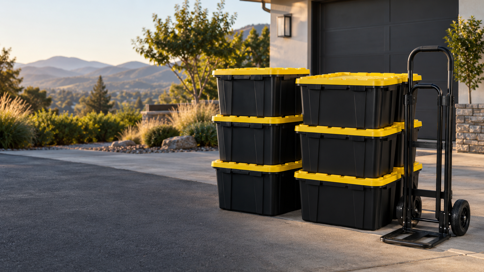 Black reusable moving totes with yellow lids and a hand truck outside a Northern California home
